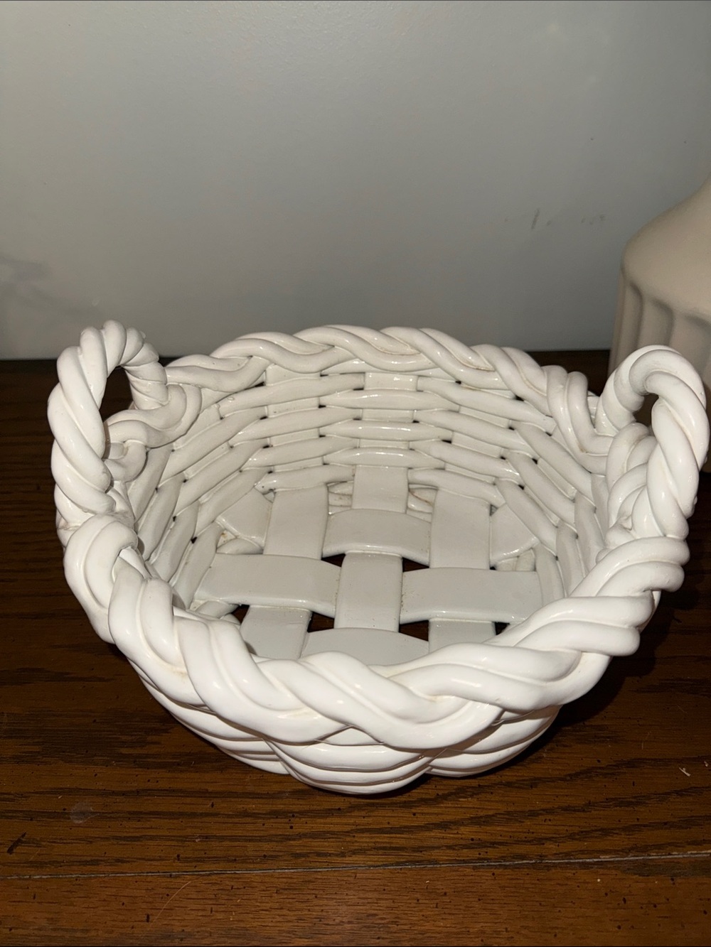 White Ceramic Woven Basket / Bread Decorative Bowl Stamped Made in Italy